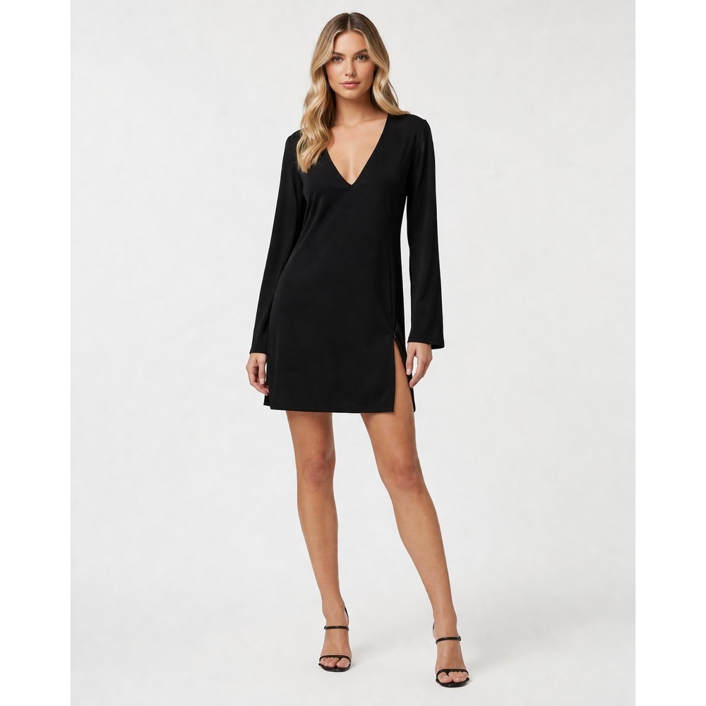 Fifteen Twenty Black Long Sleeve Dress V-Neck Side Zip‎ Slits Stretch Small